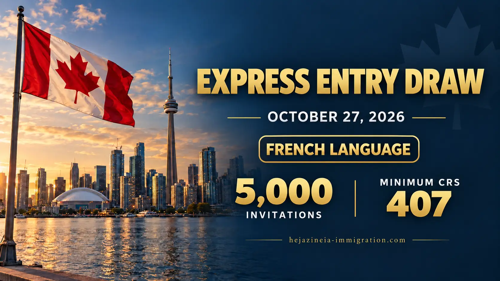 Canadian flag and Toronto skyline with October 27, 2026 French-language Express Entry draw results: 5,000 invitations and CRS 407.