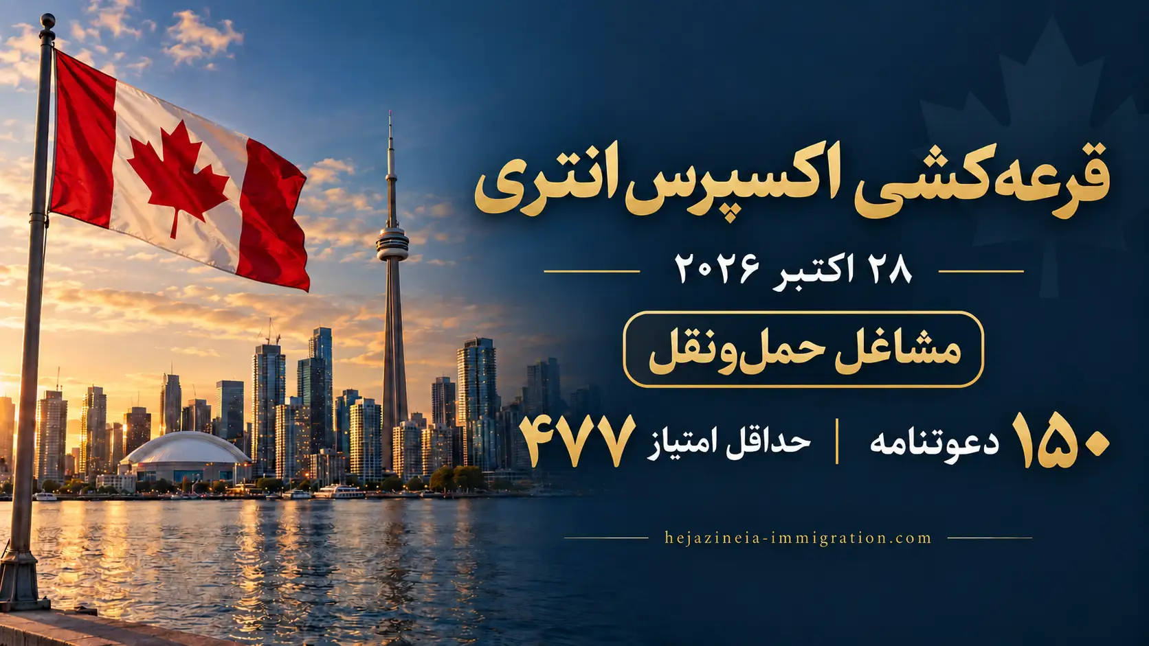 قرعه‌کشی اکسپرس انتری حمل‌ونقل ۲۸ اکتبر ۲۰۲۶ با ۱۵۰ دعوتنامه و امتیاز ۴۷۷، در کنار پرچم کانادا و نمای تورنتو